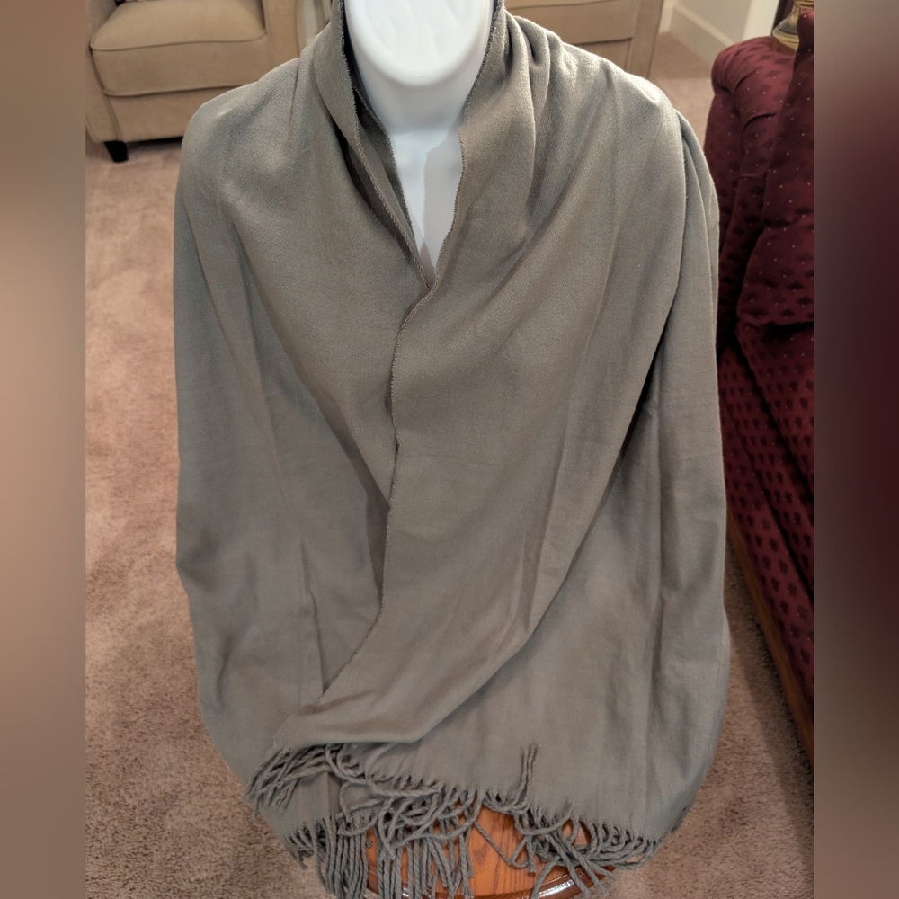 Cashmere Wrap/Scarf By Royal Rossi, Steel Gray With Fringed Edges